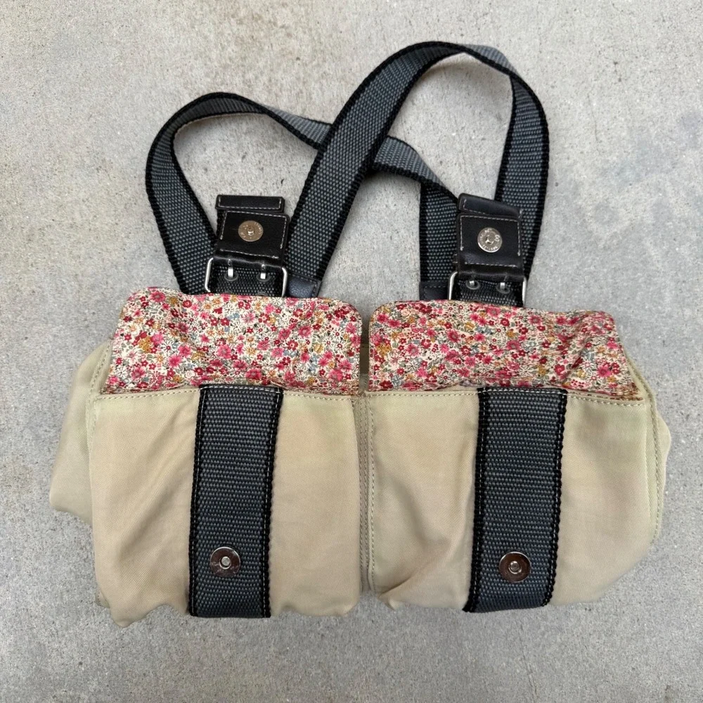 Esprit Tan Nylon Utility Cargo Handbag Buckle Detail Floral Lining Y2K Bag - Picture 3 of 4